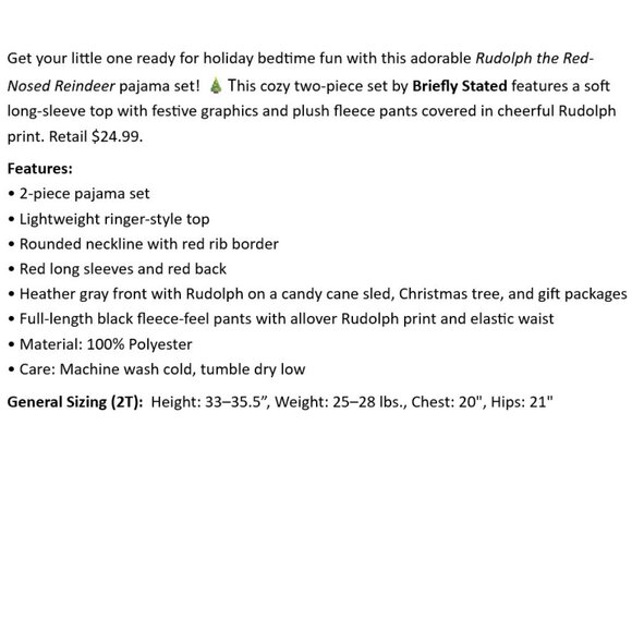 Toddler 2pc Rudolph Pajama Set Size 2T New Boys Girls Holiday Briefly Stated - Picture 2 of 9